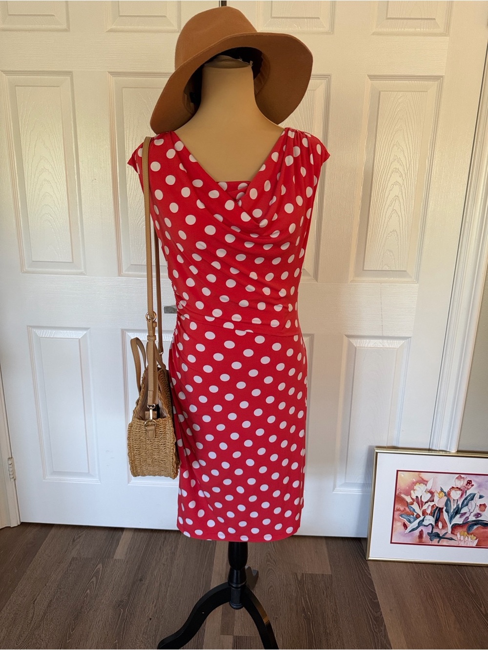 Red Polka Dot Drape Neck stretchy Midi Dress tomato girl dress
